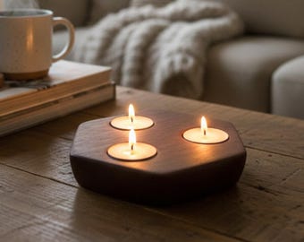 Centre de table hexagonal 3 bougies chauffe-plat en acajou massif