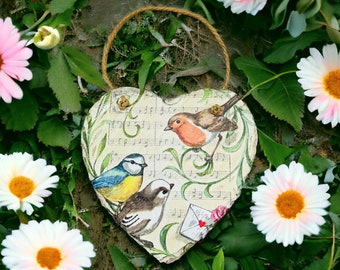 Musical Garden Bird Hanging Heart with Robin Sparrow and Blue Tit, Robin Decoration, Blue Tit Decoration, Musical Bird Gifts, Robin Ornament