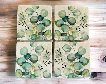 Set of 4 Eucalyptus themed Natural Stone Coasters, Green Leaves Coaster Set, Eucalyptus Gifts, Eucalyptus Home Decorations, Nature themed
