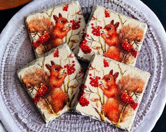 Set of 4 Red Squirrel Coasters, Squirrel Themed Gifts, Autumn Home Decor, Woodland Animal Gifts, Handmade Slate Coasters