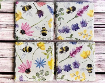 Bee Coasters Flower Coasters Bee Gifts Bee Lovers Coaster Set Flower Decor Pretty Coasters Home Decor