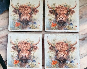 Set of 4 Highland Cow Coasters, Highland Cow Coasters, Highland Cow Gifts, Highland Cow Lovers, Highland Cow Themed Home Decor, Highland Cow