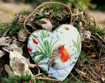 Robin Hanging Heart, Robin Decorations, Robin Ornaments, Robin themed Gifts, Robin Gifts, Robin Home Decor, Robin Slate Heart