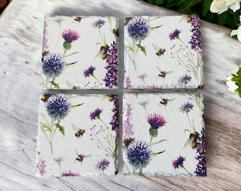 Thistle Bee Coaster Set, Bee Slate Coasters, Thistle Gifts, Lavender Coasters, Bee Themed Gifts, Thistle Gifts, Lavender Gifts