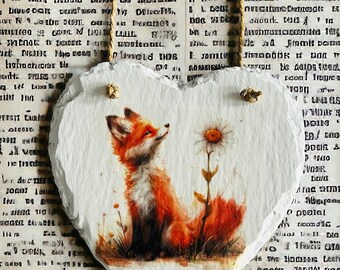 Hanging Fox Themed Natural Slate Heart Decoration, Fox Home Decor, Fox Themed Gifts, Fox Wall Art