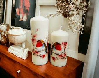 Set of 2 Robin Tall Pillar Candles, Robin Themed Candle Gift Set, Temembrance Robin Candles, Robin Home Decorations, Robin Gifts