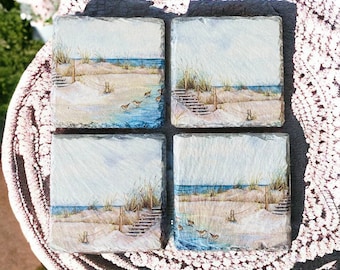 Set of 4 Seaside Coasters, Beach Decor, Coastal Decorations, Seaside Themed Gifts, Nautical Gifts, Nautical Decor, Beach Themed Gifts