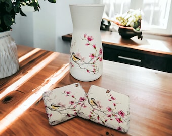 Vintage Style Bird & Flowers Vase Gift Set, Bird and Flower Coasters, Bird Themed Gifts, Flower Themed Gifts, Bird Vase, Bird Coasters