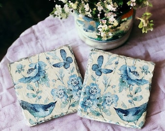 Beautiful Blue Floral Butterfly Bird Coaster Set, Flower Coasters, Butterdly Coasters, Bird Coasters, Blue Coaster Set, Blue Home Decor