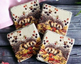 Set of 4 Hedgehog Blackberry Coaster Set, Hedgehog Slate Coasters, Hedgehog Themed Gifts, Hedgehog Decorations, Hedgehogs & Blackberries