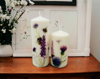 Set of 2 Lavender and Bee Tall Pillar Candles, Lavender Themed Candle Gift Set, Lavender Home Decorations, Lavender Gifts, Bee Candles