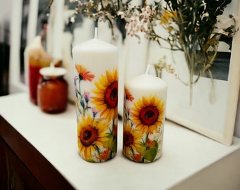 Set of 2 Sunflower Tall Pillar Candles, Sunflower Themed Candle Gift Set, Sunflower Gifts, Sunflower Home Decorations, Sunflower Gift Ideas