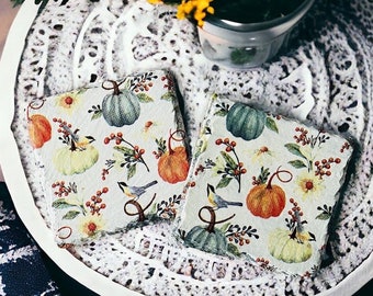 Autumn Pumpkin and Bird Coasters, Pumpkin Themed Gifts, Autumn Pumpkin Home Decor, Handmade Slate Coasters, Pumpkin Decorations