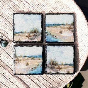 Set of 4 Seaside Coasters, Beach Decor, Coastal Decorations, Seaside Themed Gifts, Nautical Gifts, Nautical Decor, Beach Themed Gifts