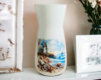 Glass Nautical Flower Vase With Seaside Beach Theme and Lighthouse, Beach Seaside Home Decor, Nautical Home Decorations