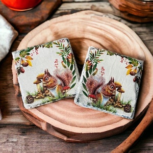 Autumn Squirrel Coasters, Squirrel Themed Gifts, Autumn Home Decor, Woodland Animal Gifts, Handmade Slate Coasters, Squirrel Decorations