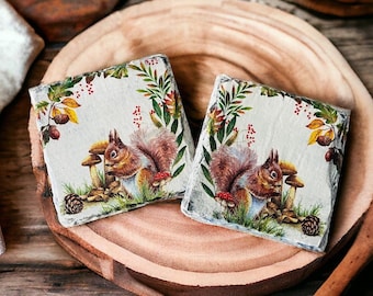 Autumn Squirrel Coasters, Squirrel Themed Gifts, Autumn Home Decor, Woodland Animal Gifts, Handmade Slate Coasters, Squirrel Decorations
