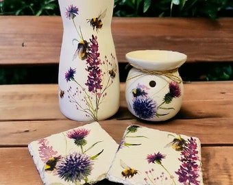 Thistle Lavender Bee Gift Set Thistle Bee Vase Lavender Bee Wax Warmer Thistle Bee Coaster set Thistles Lavender Bee Gifts