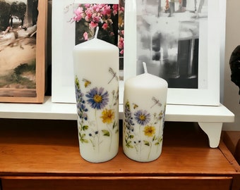 Set of 2 Wildflower Dragonfly Tall Pillar Candles, Wildflower and dragonfly Themed Candle Gift Set, Wildflower Home Decorations, Dragonflies