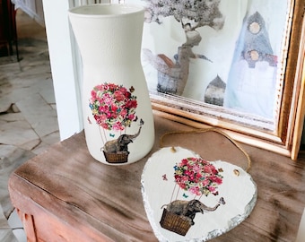 Elephant Gift Set, Elephant Vase, Elephant Hanging Heart, Elephant Decorations, Elephant Home Decor, Elephant Gifts for Mum