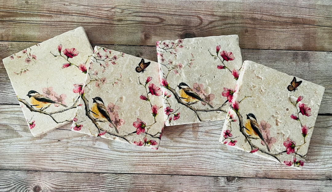 Set of 4 Vintage Bird Stone Coasters Natural Rustic Coasters Floral ...