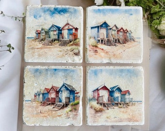 Set of 4 Beach Hut Seaside Coastal Natural Stone Coasters, Nautical Coaster Set, Seaside Beach Hut Coaster Set, Beach House Coasters