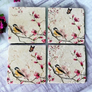 Set of 4 Vintage Bird Stone Coasters Natural Rustic Coasters Floral Coasters Bird Coasters Bird Gifts