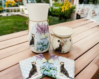 Kitten & Lavender Gift Set, Cat Vase, Cat Wax Burner, Cat Coasters, Cat Gifts, Kittens, Lavender Gifts, Kitten Vase, Cat Lovers
