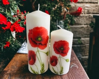 Set of 2 Poppy Tall Pillar Candles, Poppy Themed Candle Gift Set, Mothers Day Poppy Candles, Poppy Home Decorations, Poppy Decorations
