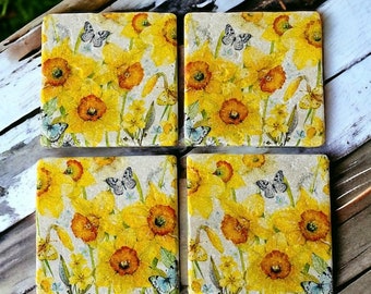 Set of 4 Daffodil Coasters Natural Stone Coaster Set Daffodil Gifts Daffodil Home Decorations Flower Gifts Gifts for Mum