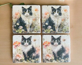 Set of 4 Black and White Cat Natural Stone Coasters, Black and White Cat Coaster Set, Black and White Cat Home Accesories, Cat Kitten Gifts