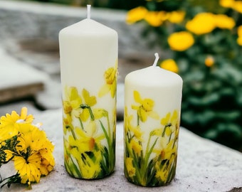 Set of 2 Daffodil Tall Pillar Candles, Daffodil Themed Candle Gift Set, Mothers Day Daffodil Candles, Daffodil Home Decorations,