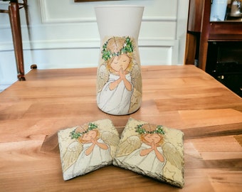 Christmas Angel Flower Vase And Coaster Gift Set, Angel Home Decorations, Christmas Angel Coasters, Sweet Angel Gift Set