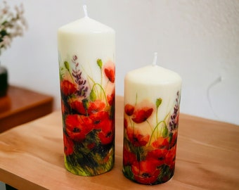 Set of 2 Poppy Tall Pillar Candles, Poppy Themed Candle Gift Set, Mothers Day Poppy Candles, Poppy Home Decorations, Poppy Decorations