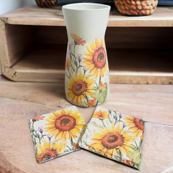 Jarrón de girasol, posavasos de girasol, set de regalo de girasol, decoración para el hogar con girasoles, regalos con temática de girasoles, decoración floral