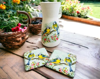 Blue Tit Vase & Blue Tit Coasters, Blue Tit Themed Gifts, Bird Coasters, Bird Vase, Garden Bird Lovers