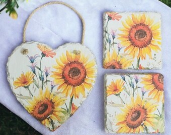 Sunflower Wall Art, Sunflower Coaster Set, Sunflower Gift Set, Sunflower Themed Home Decor, Flower Gifts