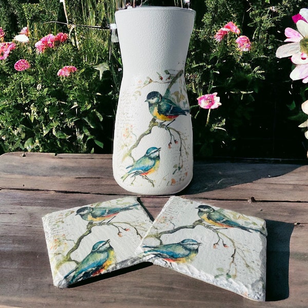 Pretty Bird Vase and Coaster Set, Vintage Style Vase, Bird Coasters, Bird Gifts, Bird Lovers