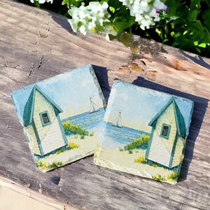 Set of 2 Beach Hut Coasters, Seaside Coasters, Nautical Coasters, Beach Coasters, Beach Hut Themed Gifts, Seaside Gifts, Seaside Home Decor
