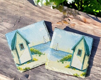 Set of 2 Beach Hut Coasters, Seaside Coasters, Nautical Coasters, Beach Coasters, Beach Hut Themed Gifts, Seaside Gifts, Seaside Home Decor