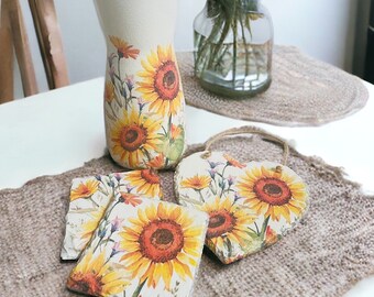 Sunflower Gift Set, Sunflower Vase, Sunflower Wall Art, Sunflower Coasters, Sunflower Themed Home Decor, Sunflower Gift for Sunflower Lovers