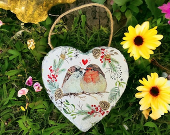 Christmas Robin and Sparrow Hanging Heart, Robin Decorations, Robin Ornaments, Robin themed Gifts, Robin Gifts, Christmas Decorations