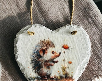 Hedgehog Hanging Slate Heart Decoration, Hedgehog Home Decor, Hedgehog Ornaments, Hedgehog themed Wall Art, Hedgehog Gifts, Hedgehog Lovers