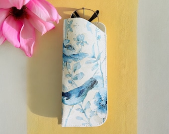 Faux Leather Sunglasses Glasses Pouch with Blue Floral Bird and Butterfly, Blue Butterfly Holiday Accesories, Butterfly Sun Glasses Case,