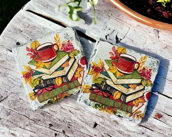 Autumn Book and Coffee Themed Coasters, Autumn Home Decor, Book Themed Gifts, Autumn Inspired Decorations, Book Home Decor, Coffee Coasters