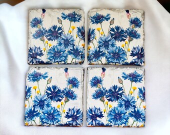 Set of 4 Blue Cornflower Slate Coasters, Blue Cornflower Home Decorations, Blue Cornflower Gifts, Blue Flower Coasters, Blue Flower Home
