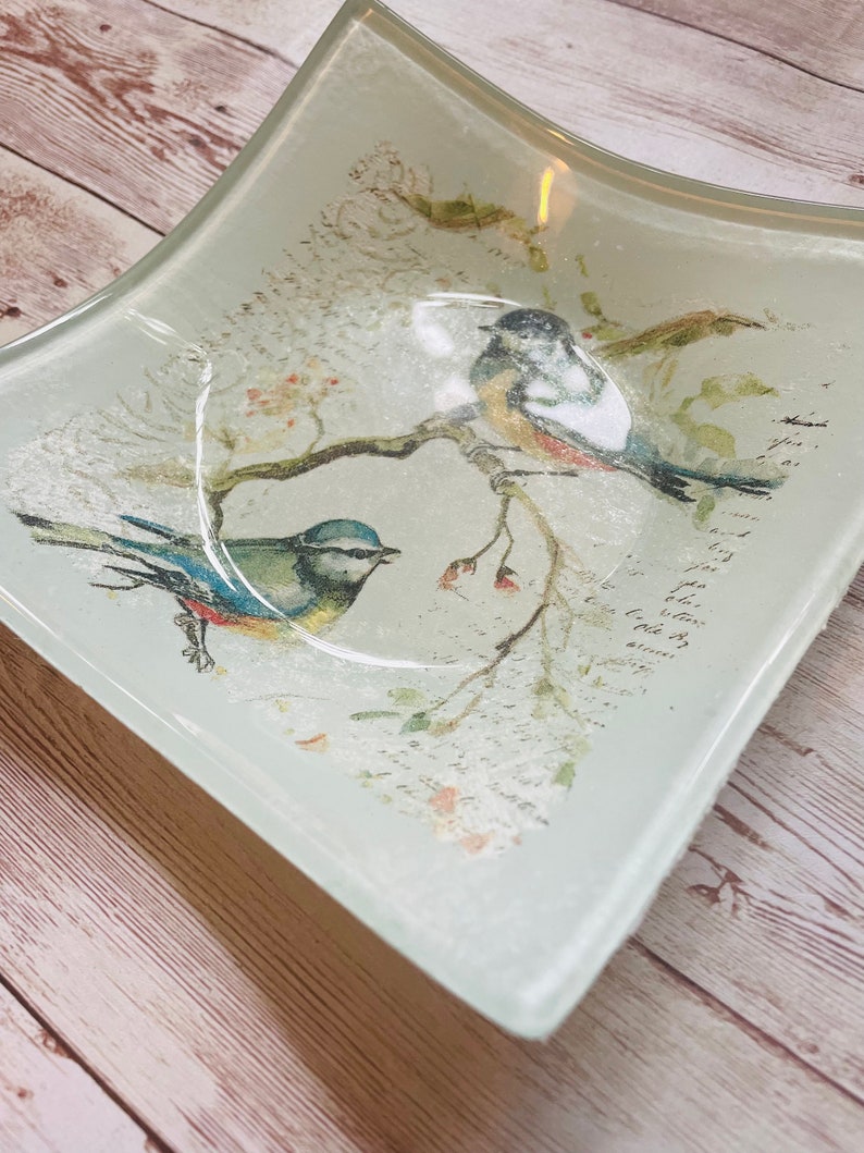 May include: A white glass dish with a curved edge features a delicate design of two bluebirds perched on a branch with white blossoms. The background is a light green with a subtle white pattern.