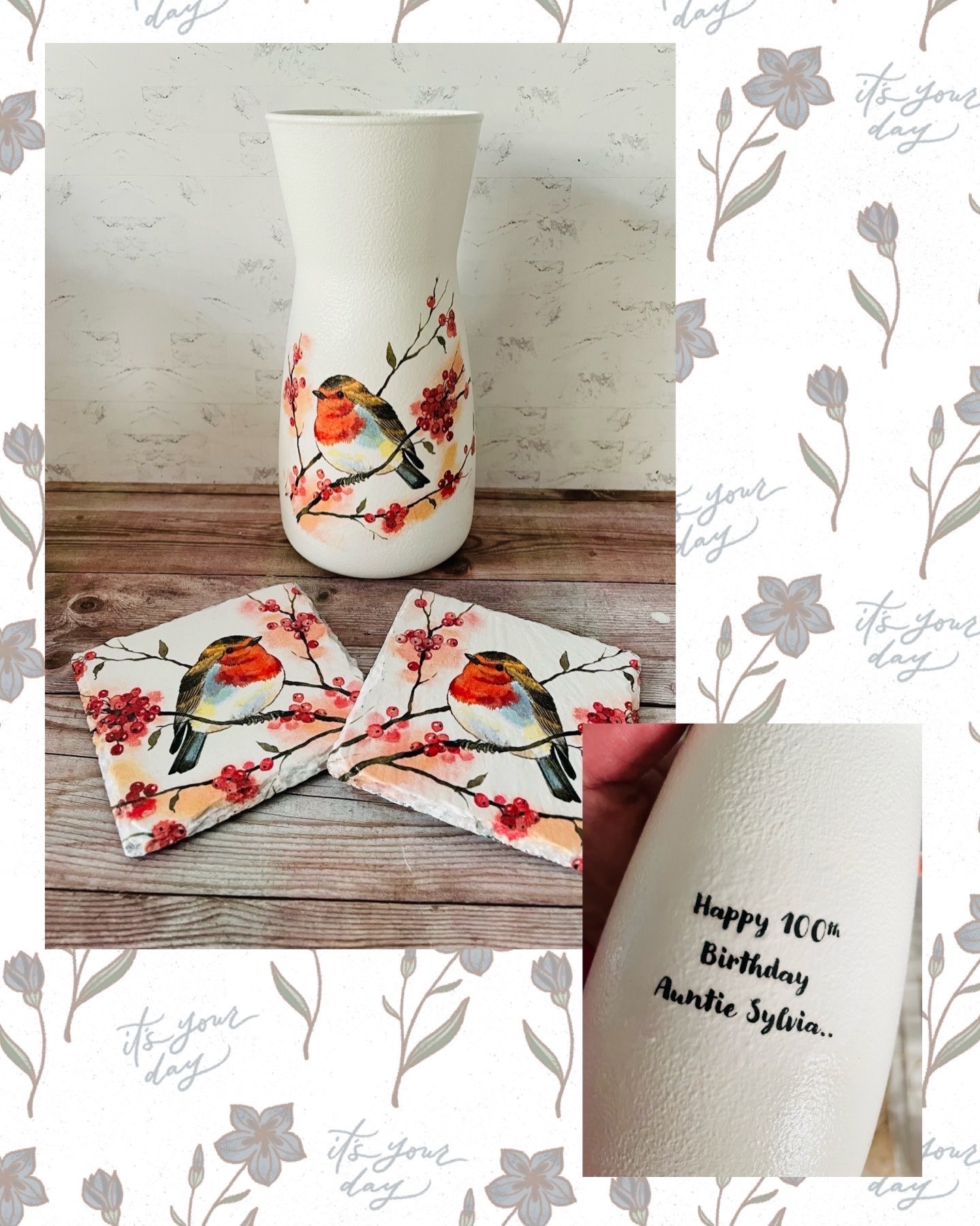 Robin Gift Set Personalised Robin Vase Robin Coasters Robin Themed Gifts Robins Garden ...