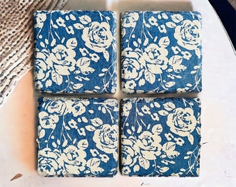 Set of 4 Beautiful Blue Floral Coasters, Flower Coasters, Blue Coasters, Blue Flower Coasters, Blue Home Decor, Blue Floral Dining Set