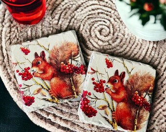 Red Squirrel Coasters, Squirrel Themed Gifts, Autumn Home Decor, Woodland Animal Gifts, Handmade Slate Coasters